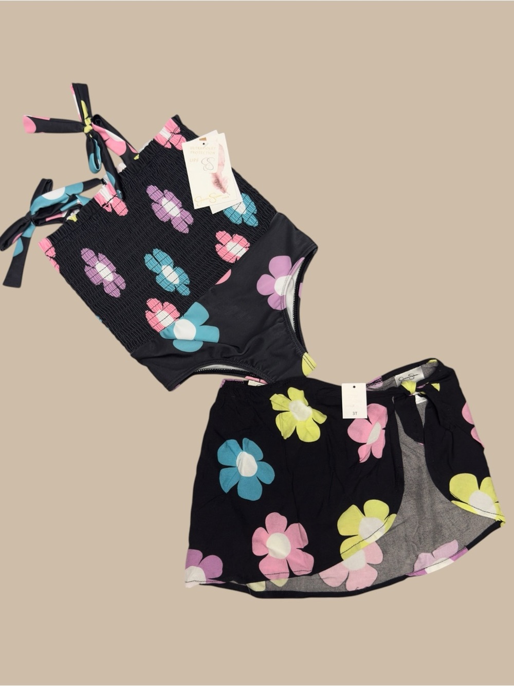 Jessica Simpson Black Swim Top with Pink and Yellow Floral Accents